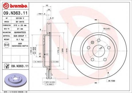 Гальмівний диск BREMBO 09.N363.11 (фото 1)