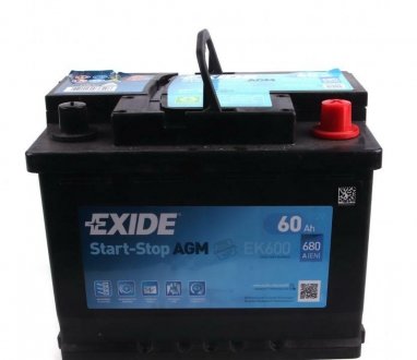Аккумулятор START-STOP AGM (242×175×190), 60Ач, 680А, R+ EXIDE EK600