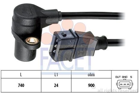 Датчик положения коленвала Audi A6/A8 / VW Passat 2.3-2.8 i 95-> FACET 9.0214